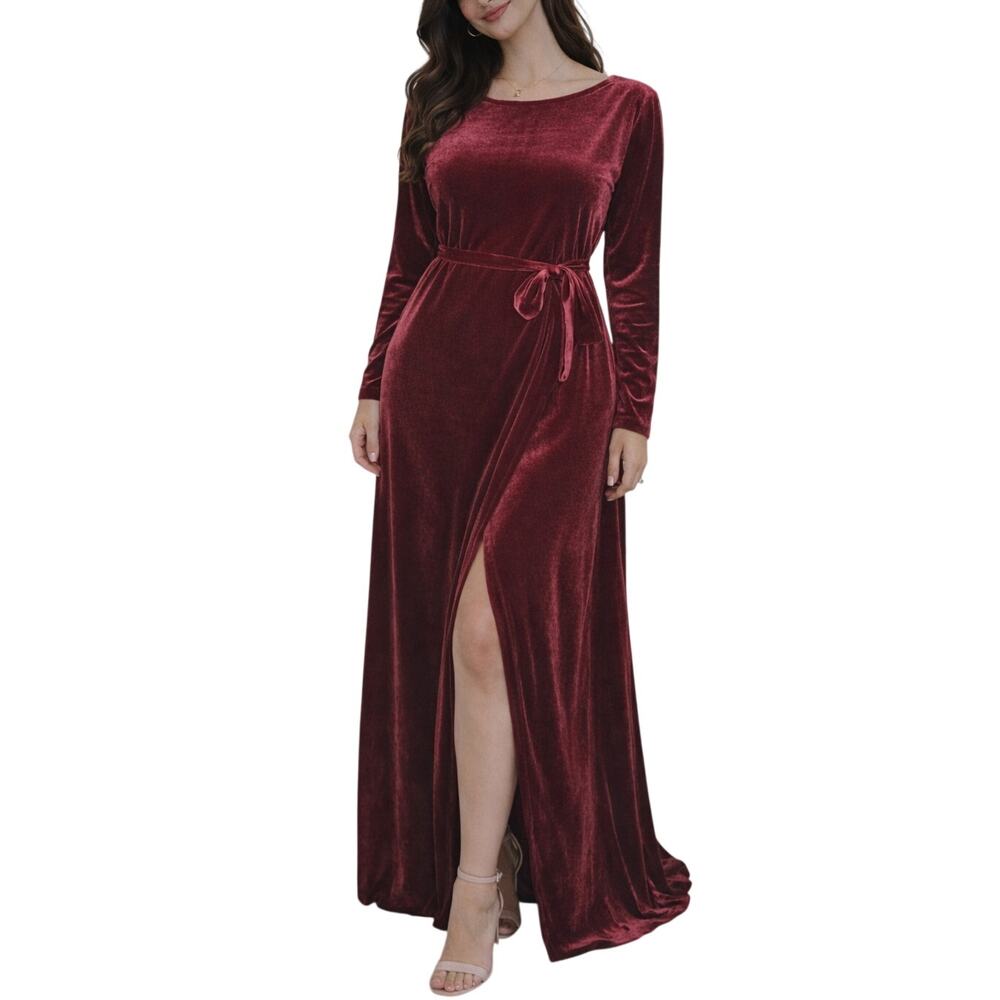 Windsor Dark Red Velvet Formal Maxi Dress - Size Large - Long Sleeve